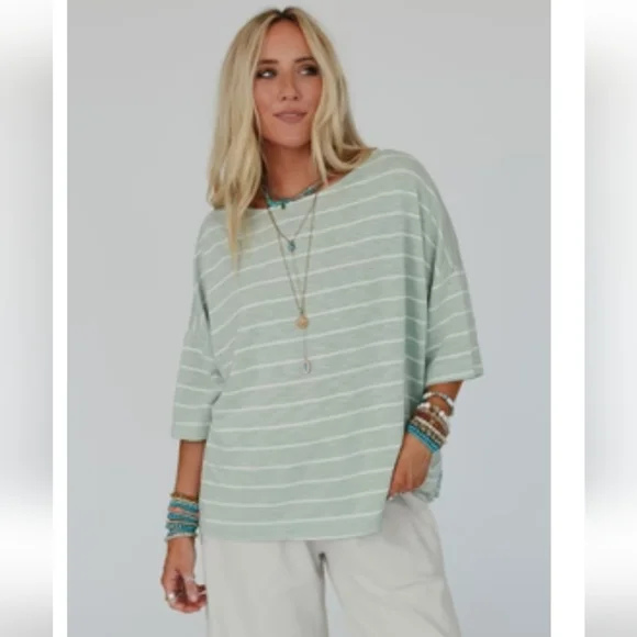 NWT Three Bird Nest Dreamy Daze Striped Sage Green Women's Top - Picture 1 of 16